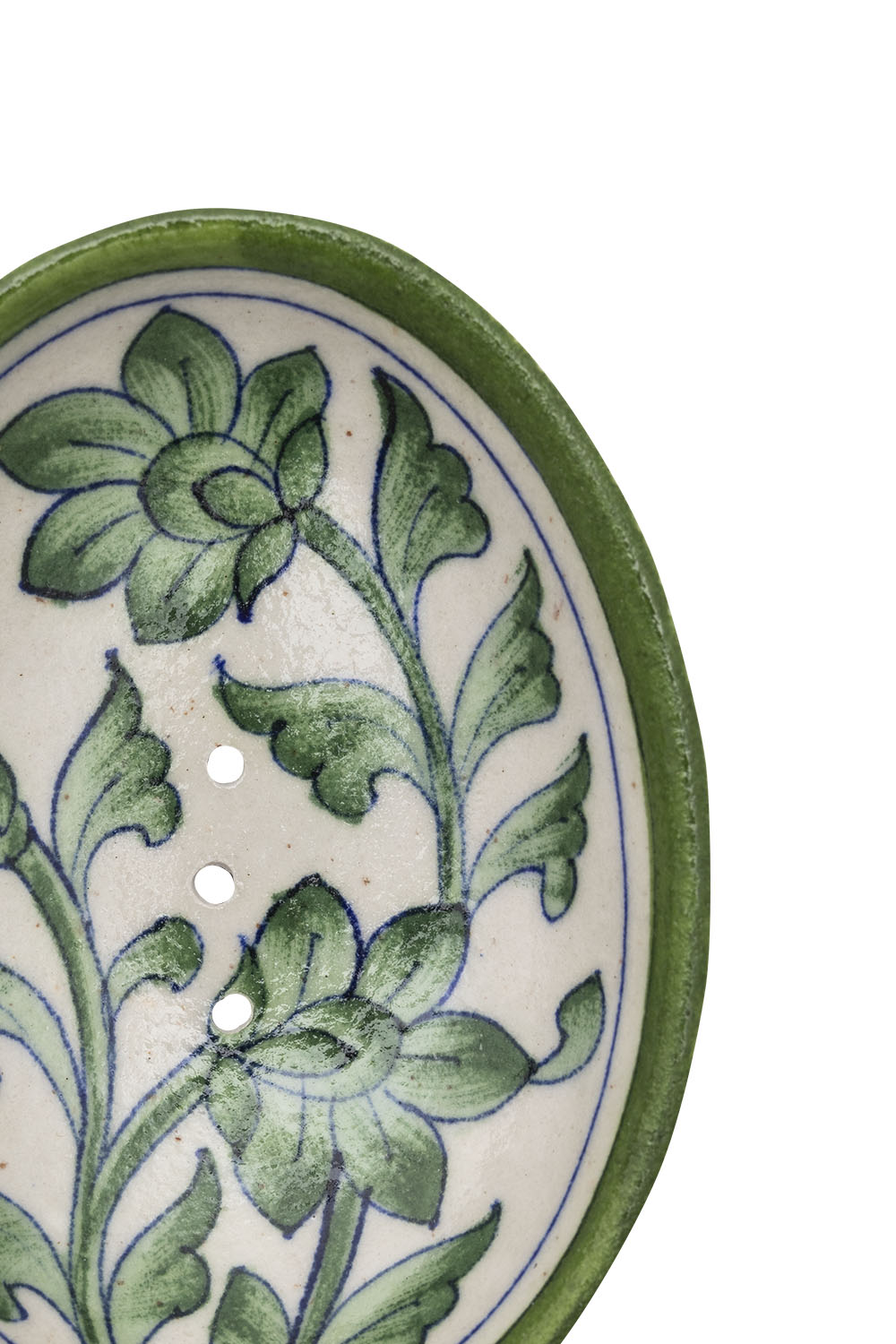 blue pottery soap dish oval, green
