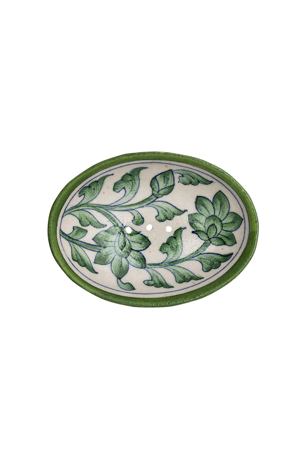 blue pottery soap dish oval, green