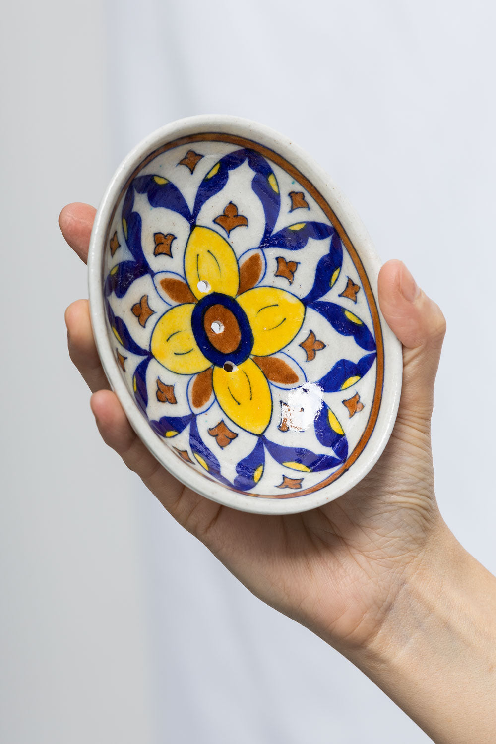 blue pottery soap dish oval,  floral